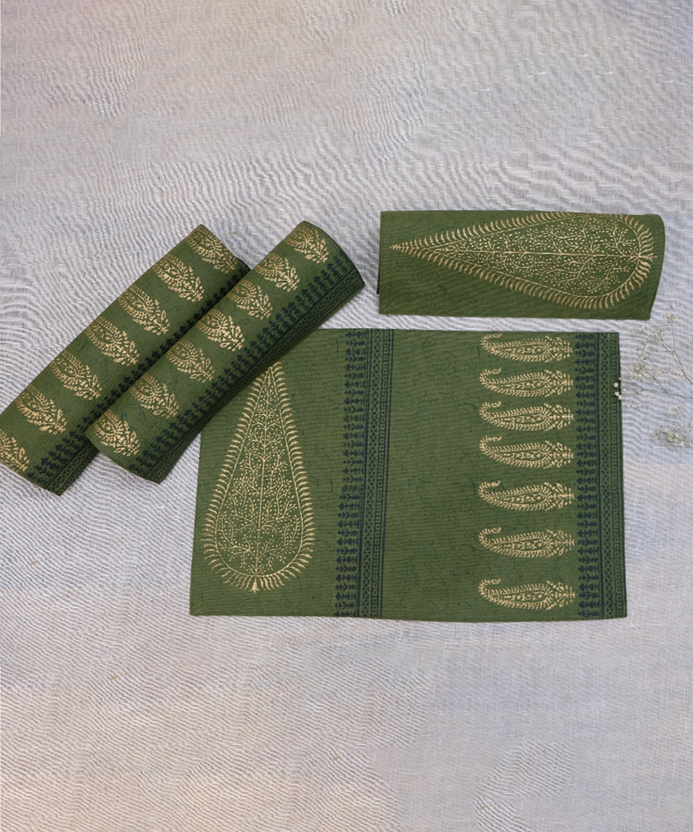 Set of 6 Olive Cotton Canvas Hand Block Printed Table Mats