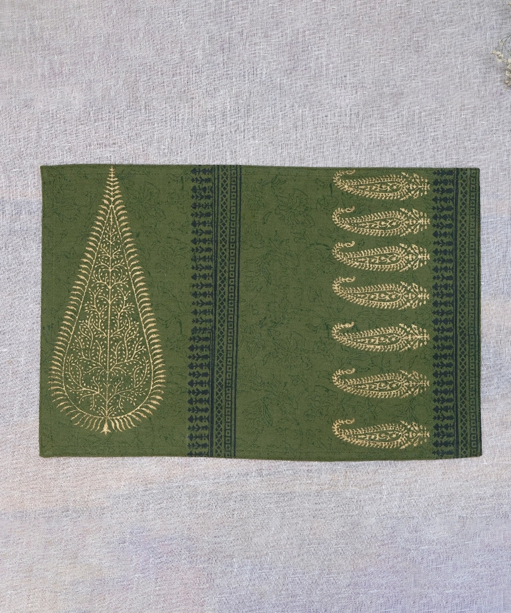 Set of 6 Olive Cotton Canvas Hand Block Printed Table Mats