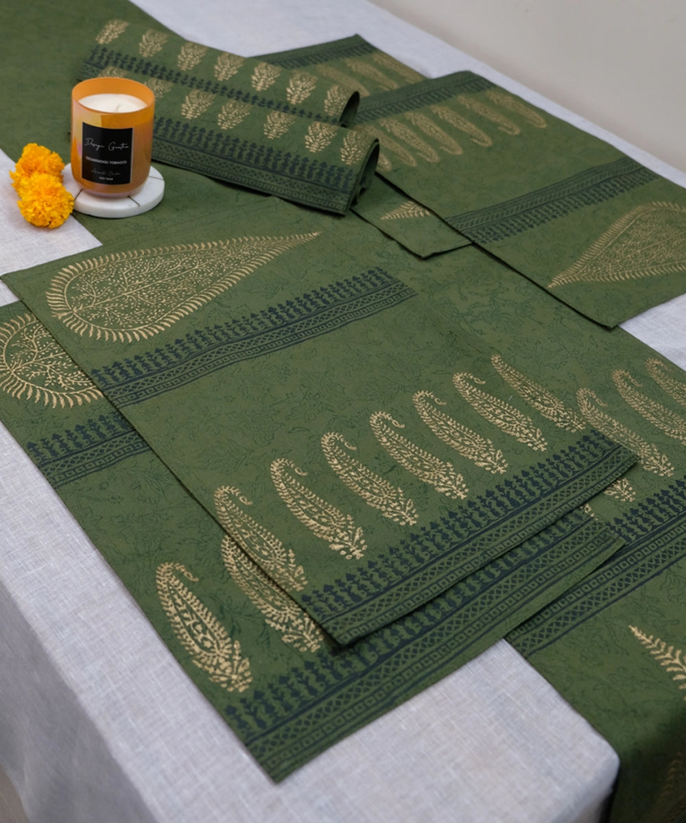 Set of 6 Olive Cotton Canvas Hand Block Printed Table Mats