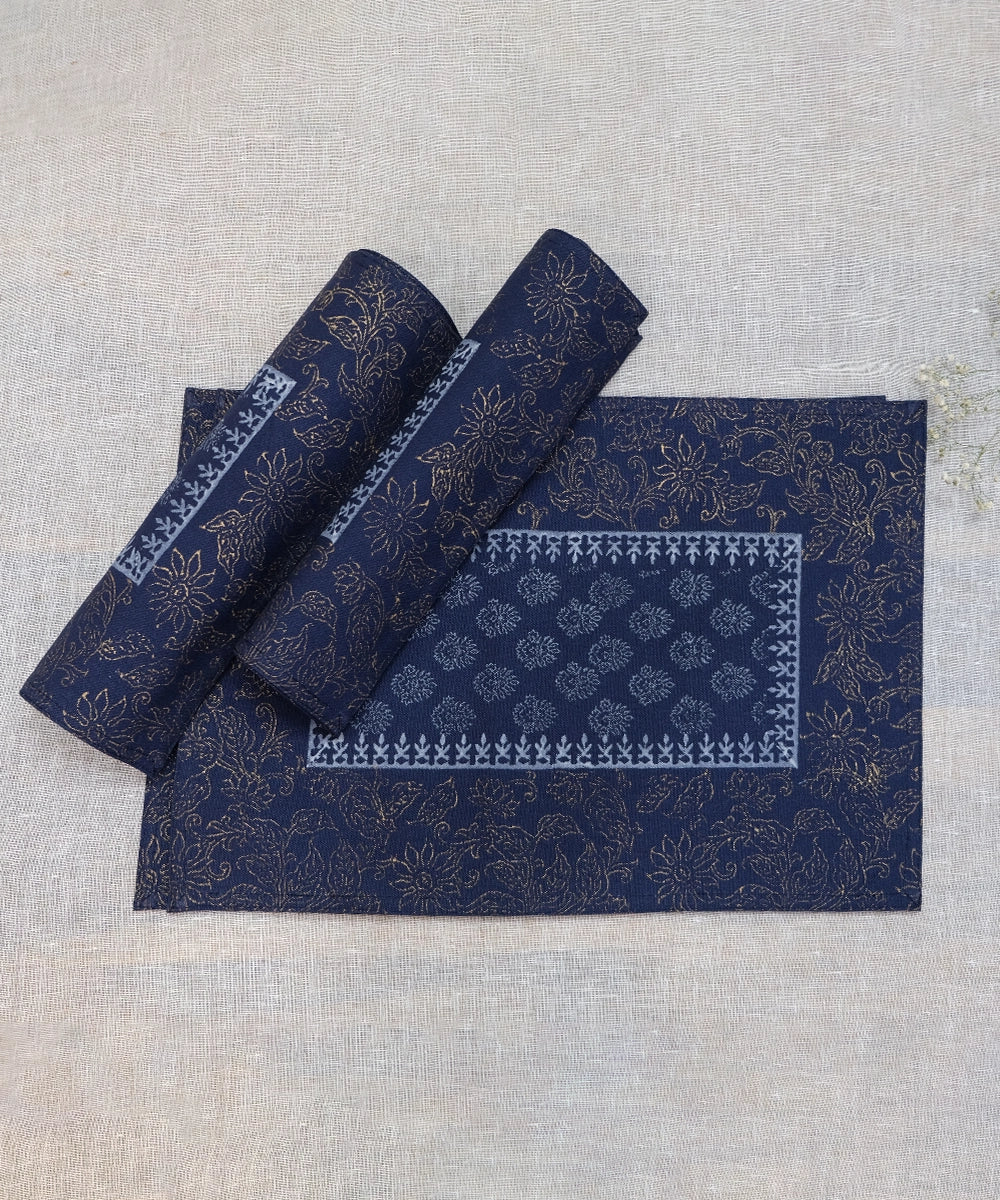 Set of 6 Navy Cotton Canvas Hand Block Printed Table Mats