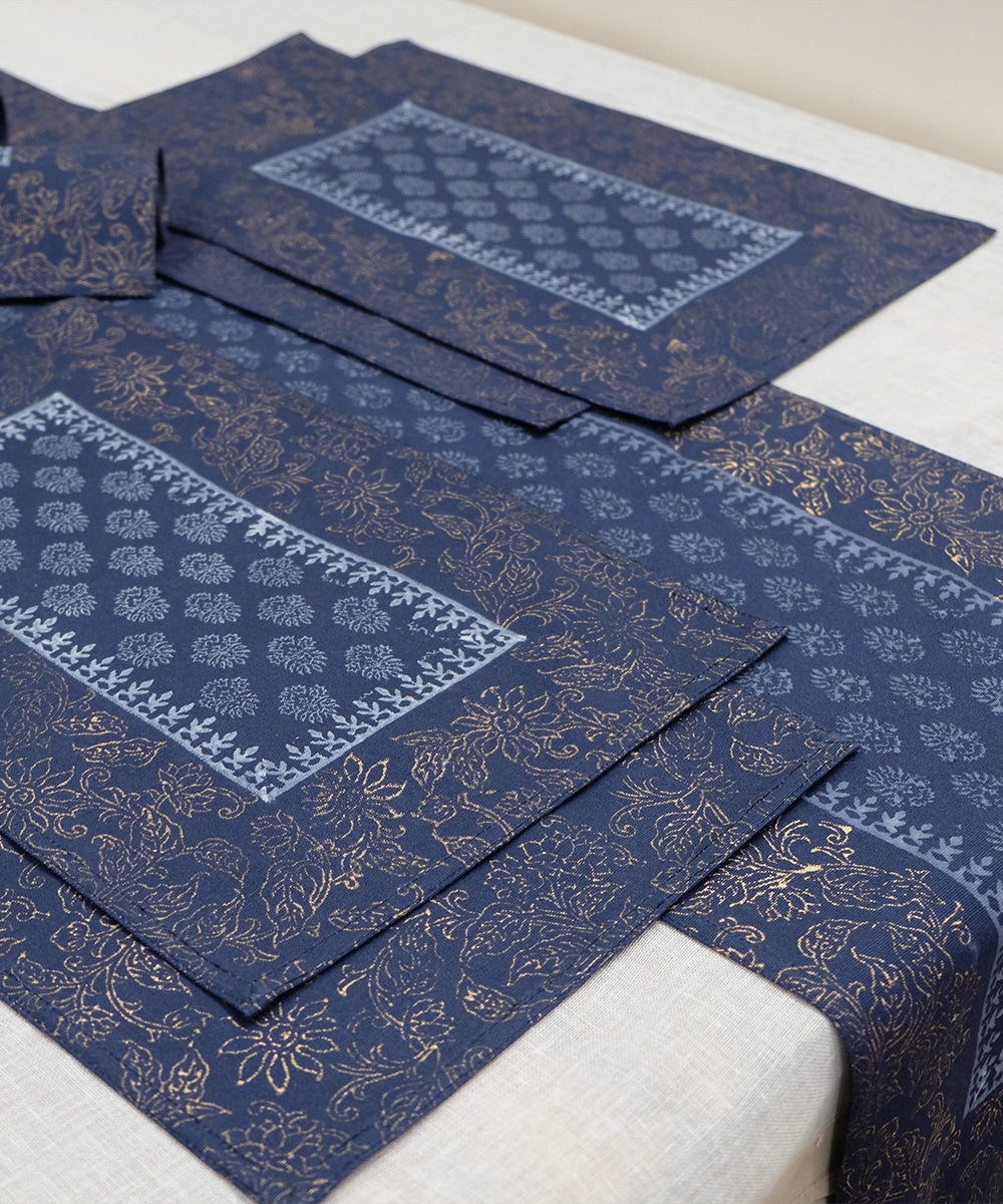 Set of 6 Navy Cotton Canvas Hand Block Printed Table Mats