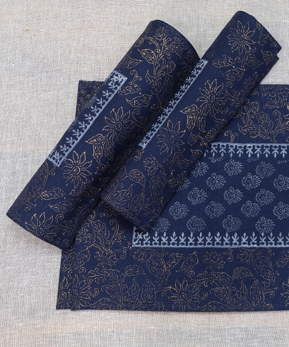 Set of 6 Navy Cotton Canvas Hand Block Printed Table Mats