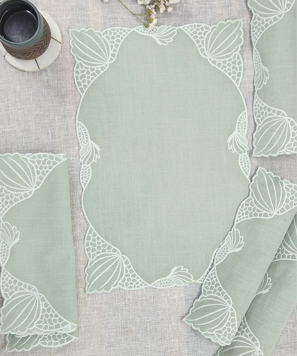 Set of 6 Dusty Green Embroidery With Cutwork Cotton Slub Table Mats