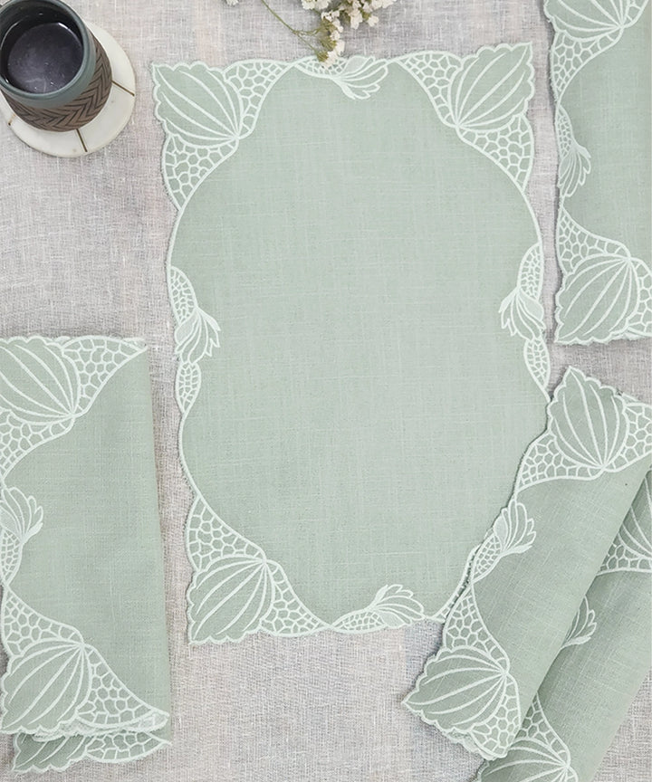 Set of 6 Dusty Green Embroidery With Cutwork Cotton Slub Table Mats