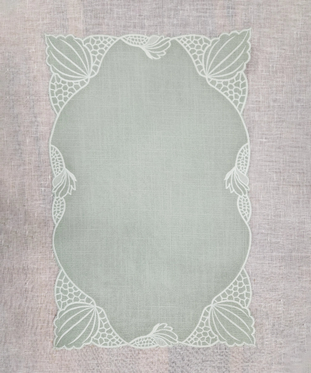 Set of 6 Dusty Green Embroidery With Cutwork Cotton Slub Table Mats