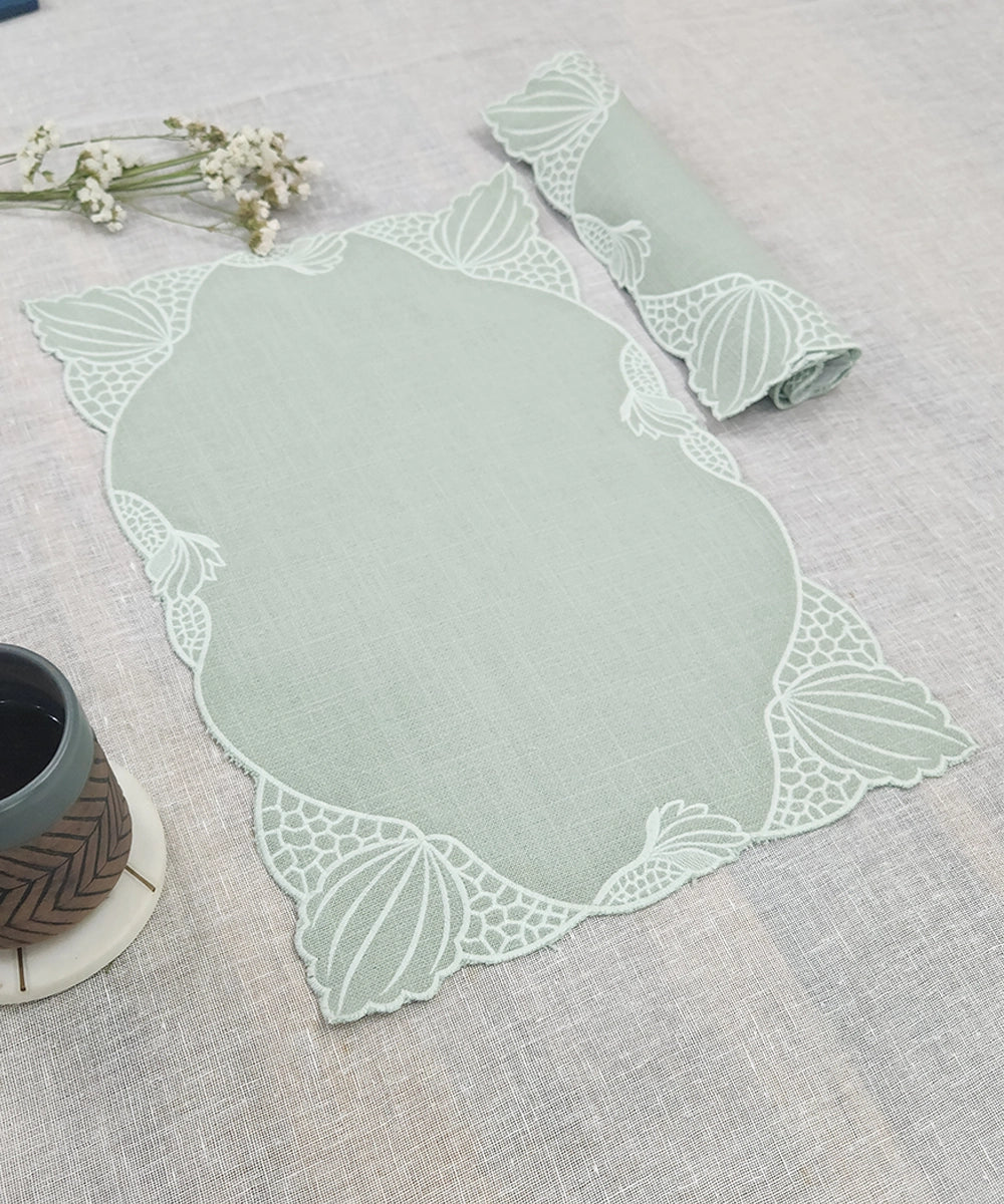 Set of 6 Dusty Green Embroidery With Cutwork Cotton Slub Table Mats