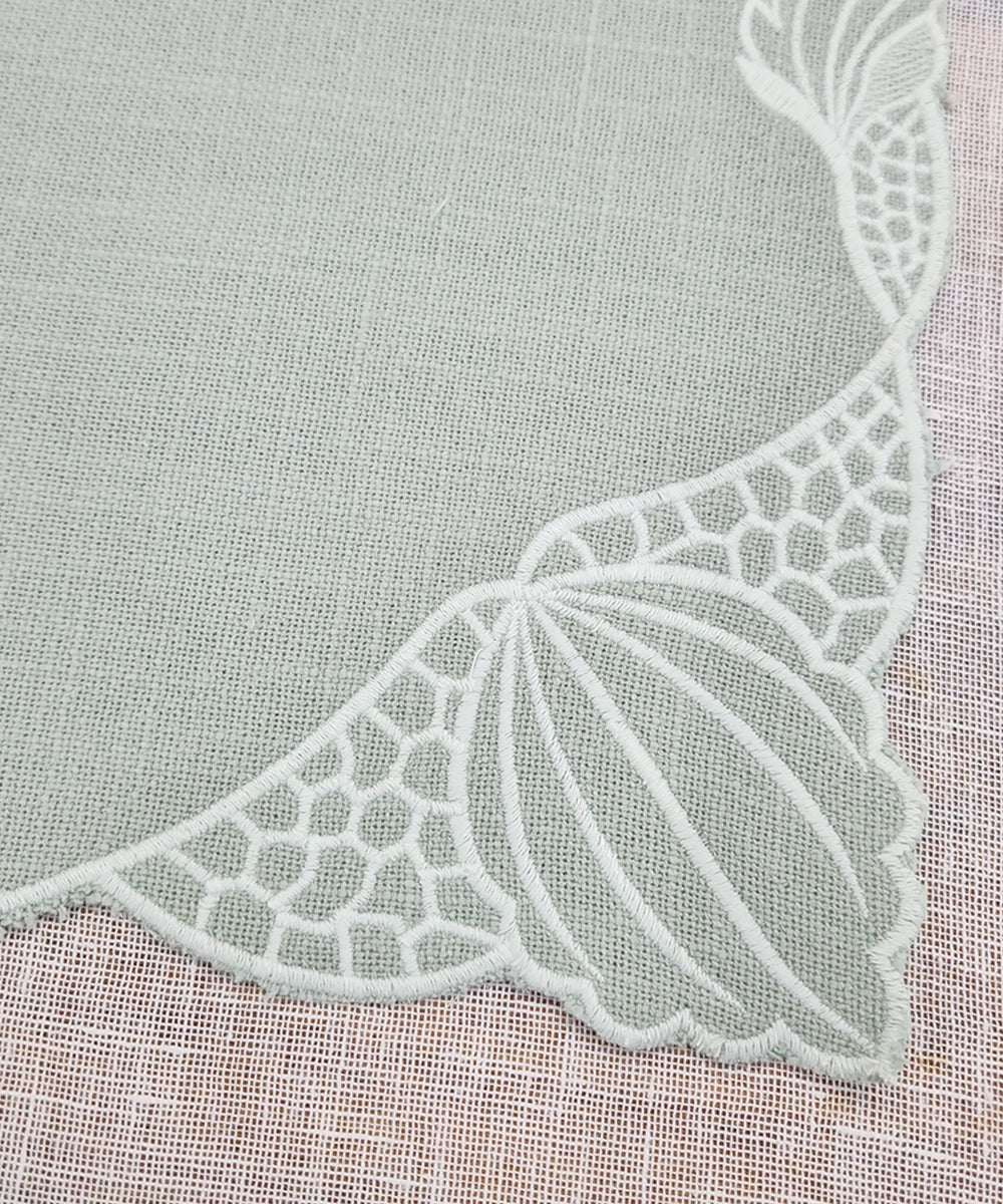 Set of 6 Dusty Green Embroidery With Cutwork Cotton Slub Table Mats