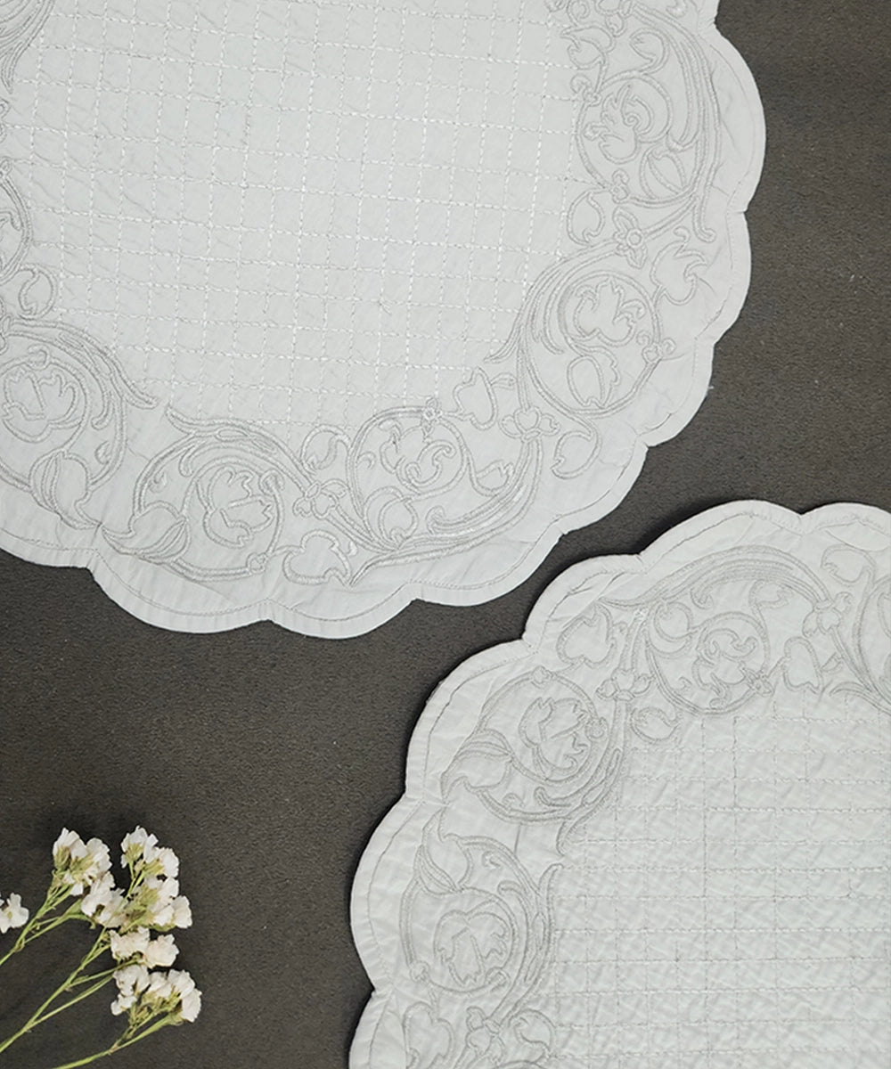 Set of 2 quilted cotton embroidered light grey round table mats (15.5"x15.5")