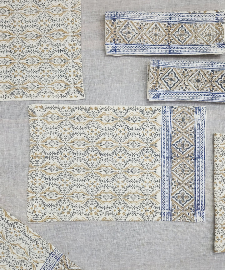 Set of 6 Deep Cream Linen Hand Block Printed Table Mats (13"x19")