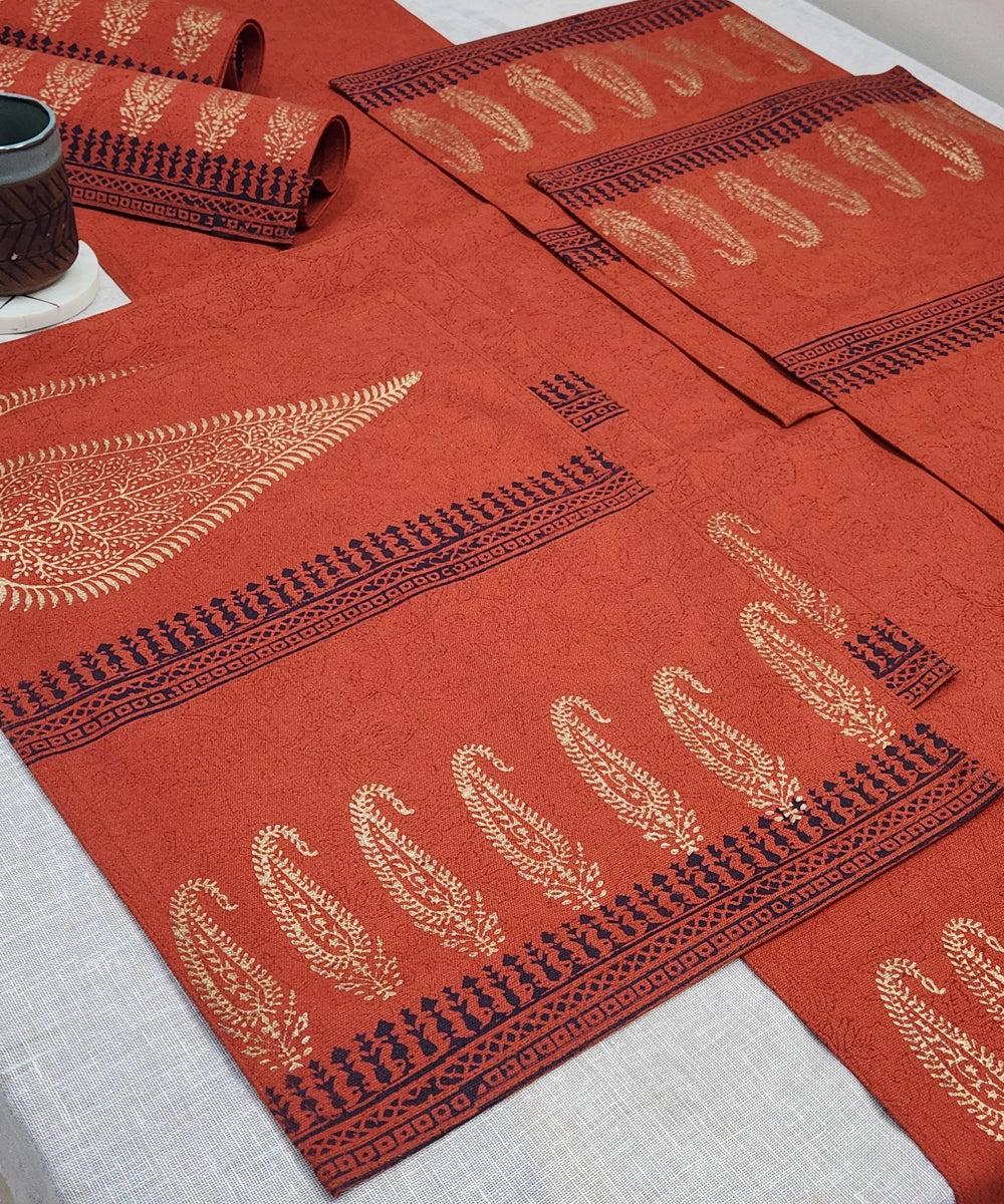 Set of 6 Burnt Orange Cotton Canvas Hand Block Printed Table Mats