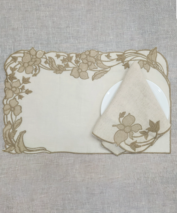 Set Of 6 Cream Embroidery With Cutwork Cotton Linen Table Mats and Table Napkins Set