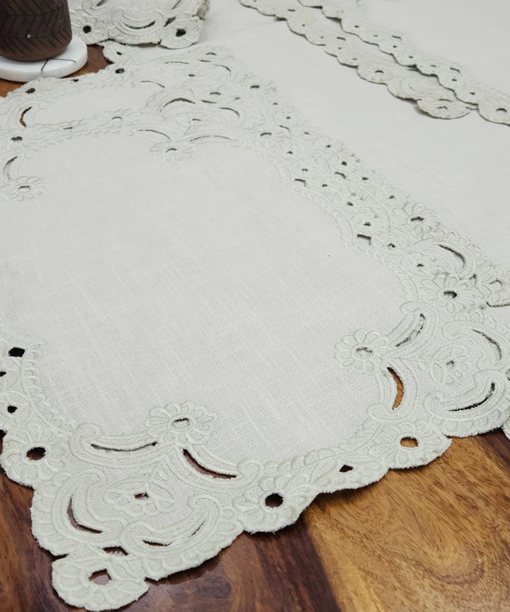 Set of 6 pcs Beige Cutwork Embroidery Cotton Slub Table Mats with 1 pc 6 seater Table Runner