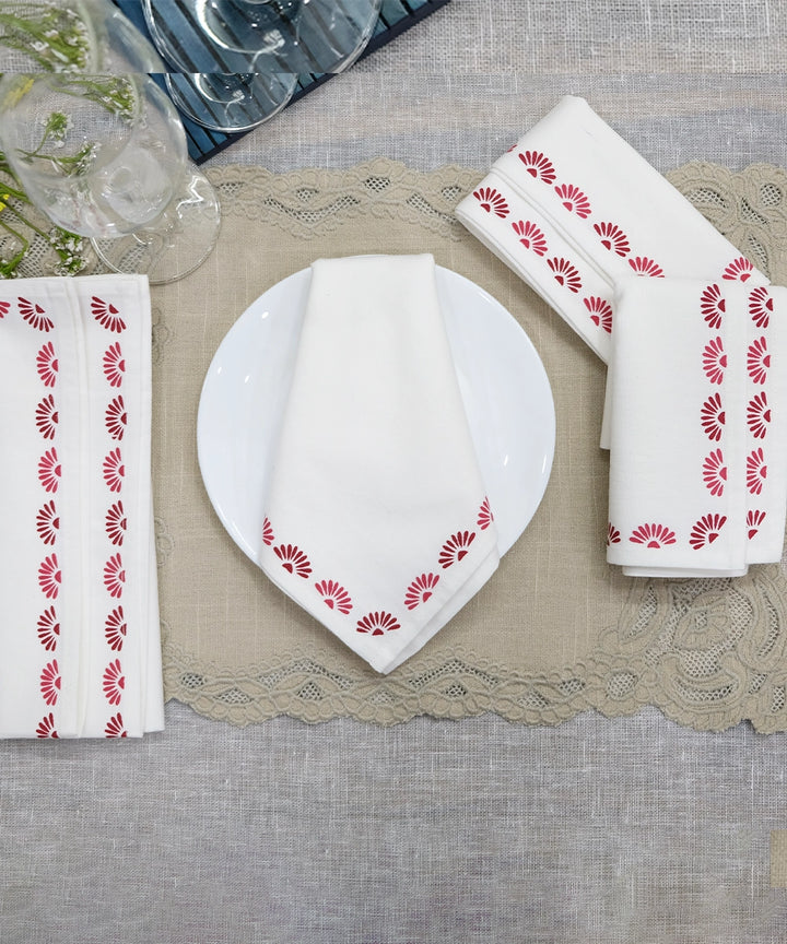 Cream with Maroon Floral Block Printed Cotton Table Napkin (Set of 4)