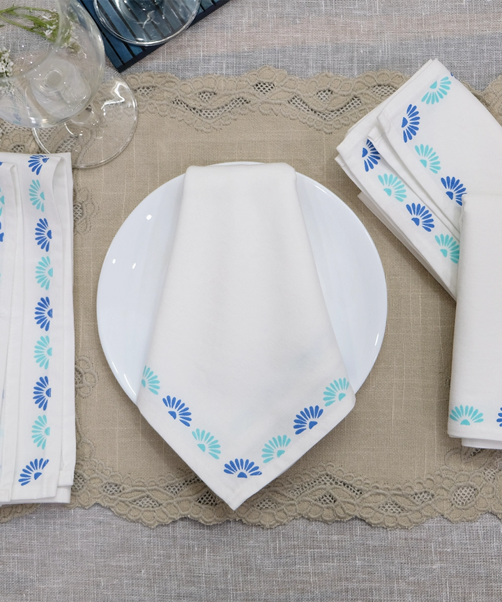 White with Blue & Aqua Floral Block Printed Cotton Table Napkin (Set of 4)