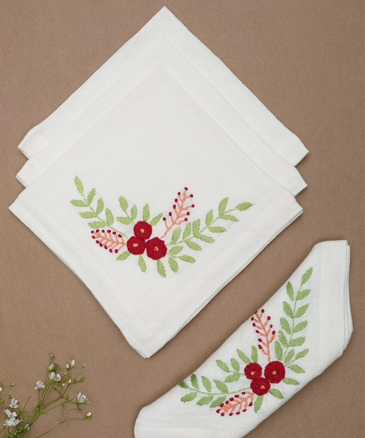 Cream with Multicolor Hand Embroidered Pure Linen Table Napkin (Set of 4)