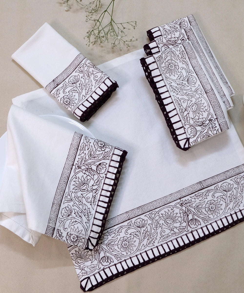 Set of 6 pcs Off White & Brown Cotton Block Printed with Crochet Hand Embroidery Table Napkin (14.5" x 14.5")