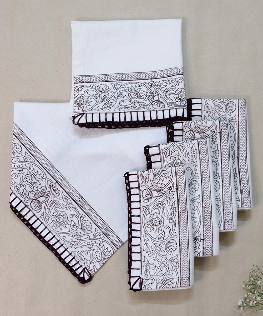 Set of 6 pcs Off White & Brown Cotton Block Printed with Crochet Hand Embroidery Table Napkin (14.5" x 14.5")