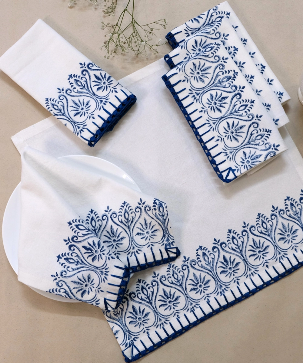 Set of 6 pcs Off White & Indigo Cotton Block Printed with Crochet Hand Embroidery Table Napkin (14.5" x 14.5")