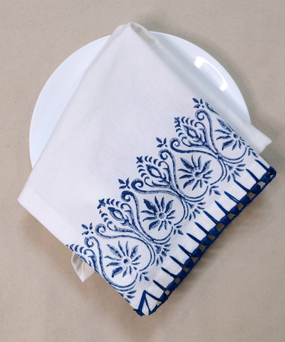 Set of 6 pcs Off White & Indigo Cotton Block Printed with Crochet Hand Embroidery Table Napkin (14.5" x 14.5")