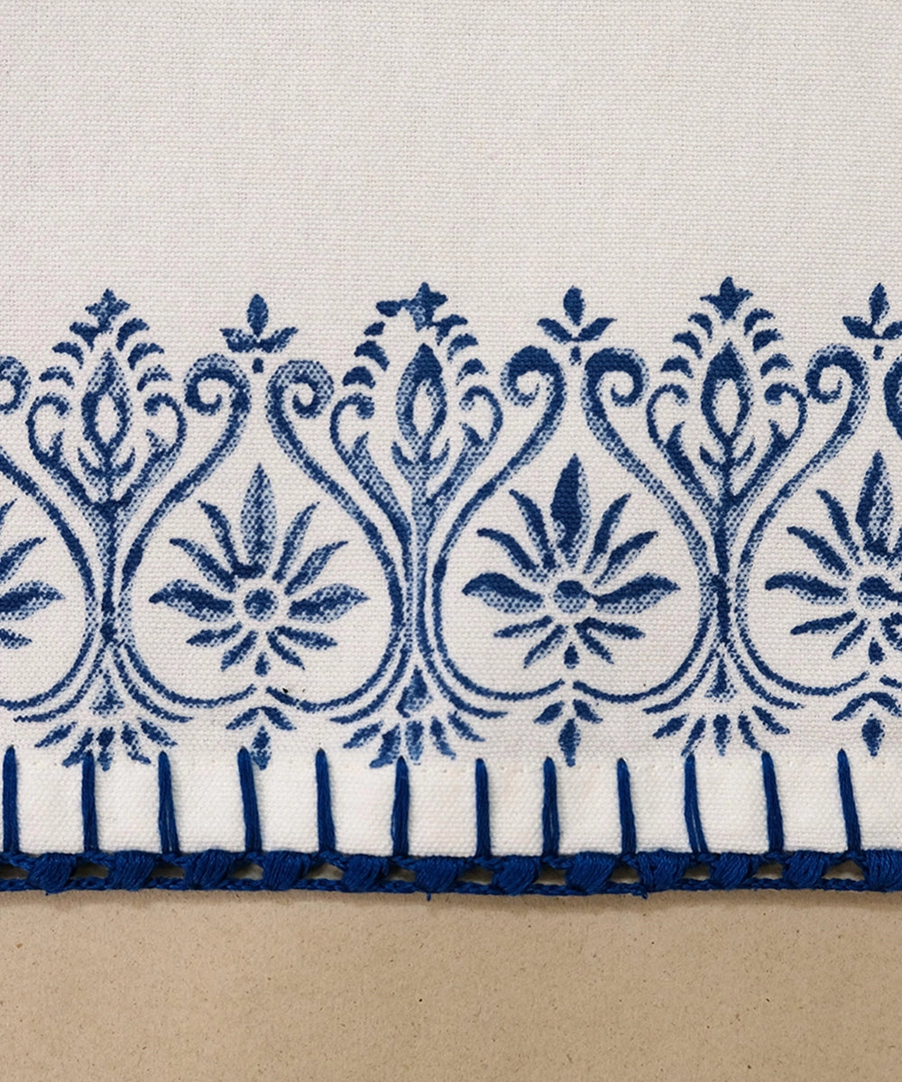 Set of 6 pcs Off White & Indigo Cotton Block Printed with Crochet Hand Embroidery Table Napkin (14.5" x 14.5")