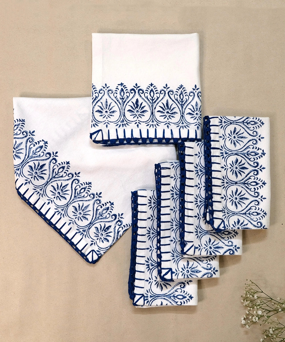 Set of 6 pcs Off White & Indigo Cotton Block Printed with Crochet Hand Embroidery Table Napkin (14.5" x 14.5")