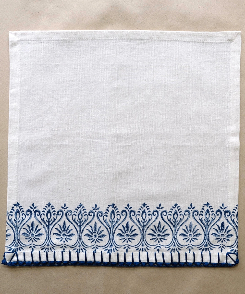 Set of 6 pcs Off White & Indigo Cotton Block Printed with Crochet Hand Embroidery Table Napkin (14.5" x 14.5")