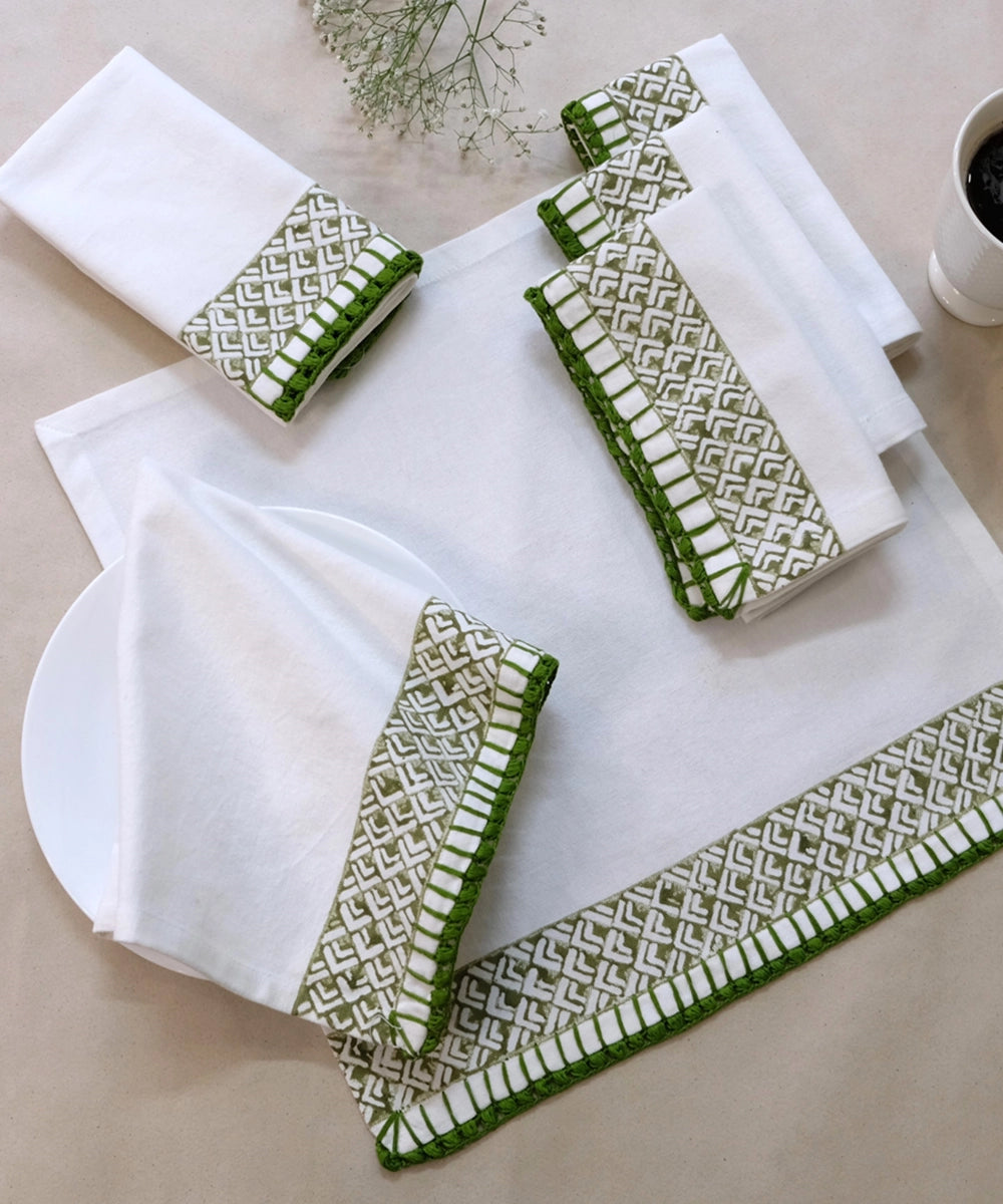 Set of 6 pcs Off White & Olive Cotton Block Printed with Crochet Hand Embroidery Table Napkin (14.5" x 14.5")