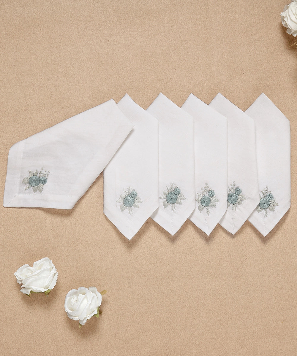 Set of 6 pcs Cream & Grey Hand Embroidered Cotton Linen Cocktail Napkins (11" x 11")