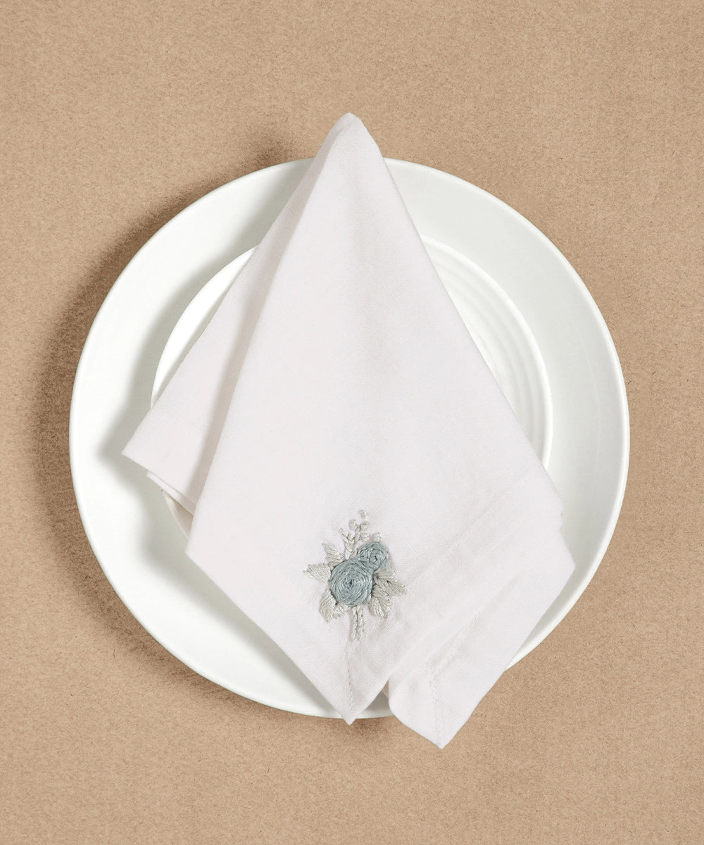 Set of 6 pcs Cream & Grey Hand Embroidered Cotton Linen Cocktail Napkins (11" x 11")