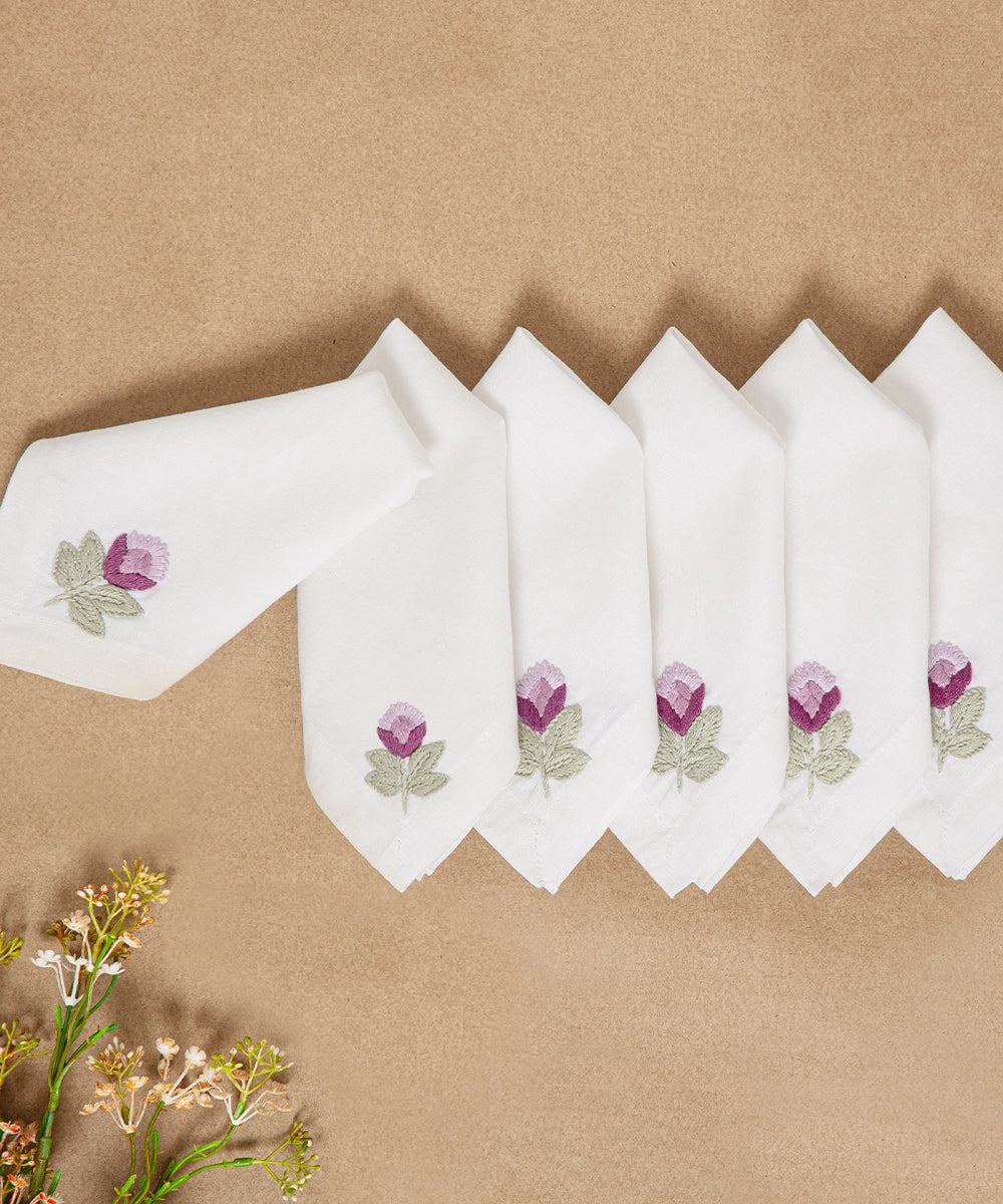 Set of 6 pcs Cream & Purple Cotton Linen Cocktail Napkins (11" x 11")