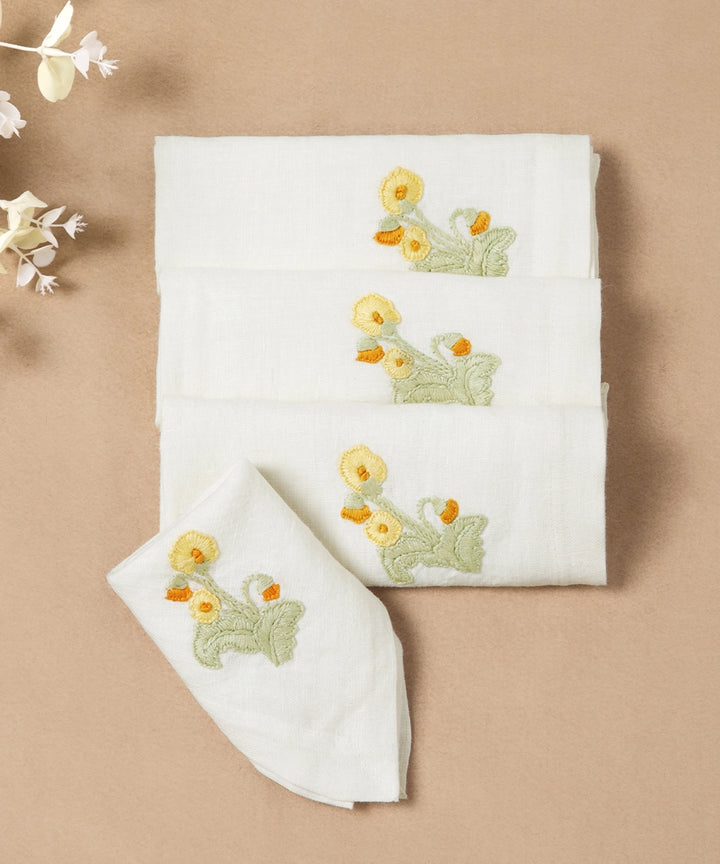 Set of 4 pcs Cream with Yellow & Green Floral Hand Embroidered Pure Linen Table Napkin (16" x 16")