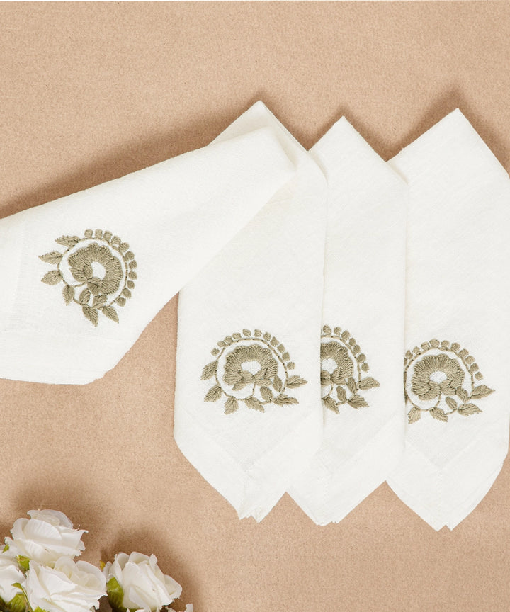 Set of 4 pcs Cream with Grey Floral Hand Embroidered Pure Linen Table Napkin (16" x 16")