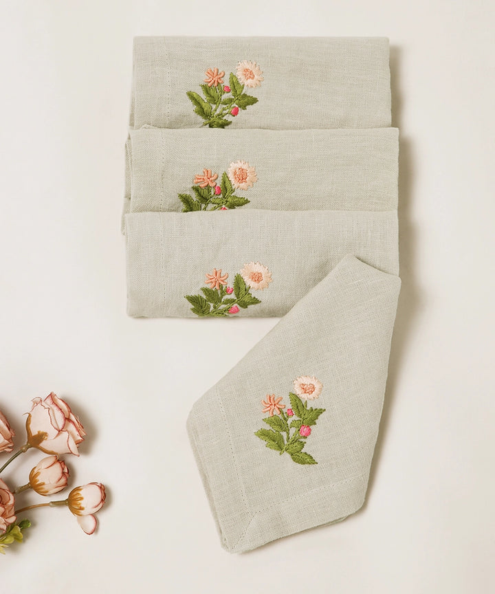 Set of 4 pcs Beige with Peach Floral Hand Embroidered Pure Linen Table Napkin (16" x 16")