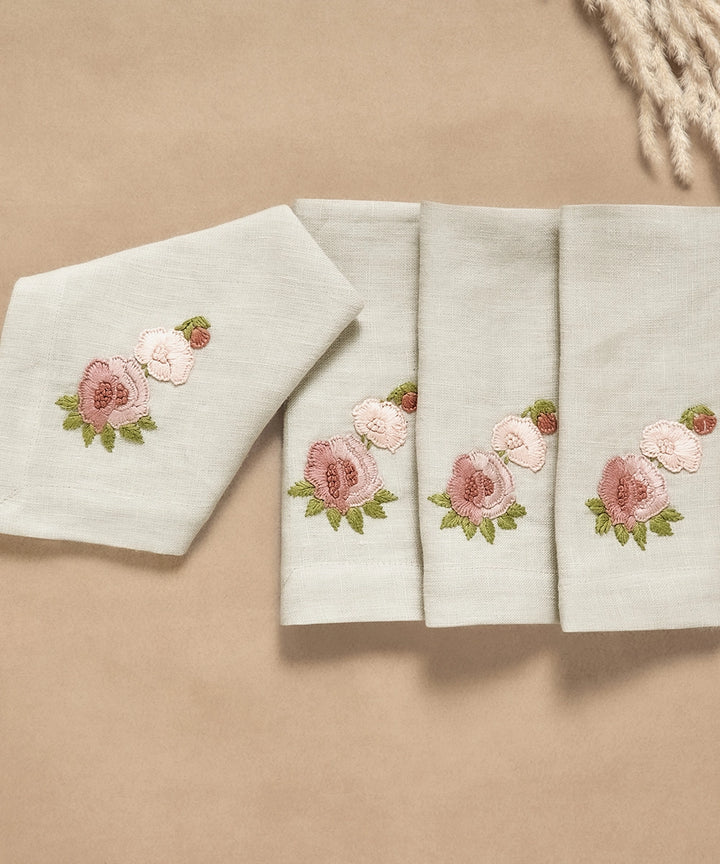 Set of 4 pcs Beige with Pink Floral Hand Embroidered Pure Linen Table Napkin (16" x 16")