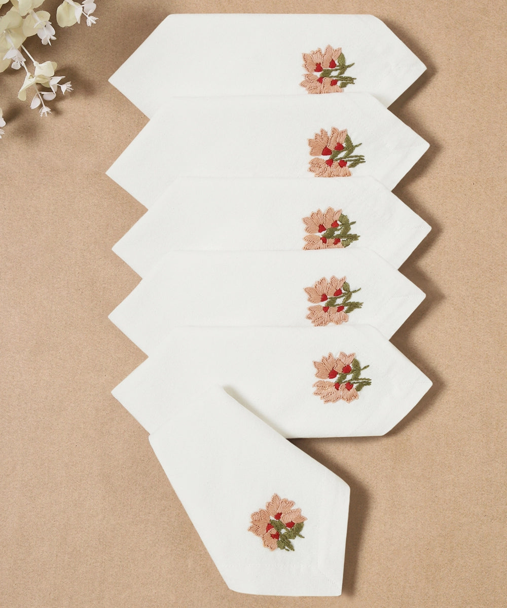 Set of 6 pcs Cream & Beige Floral Hand Embroidered Pure Cotton Table Napkin (16" x 16")