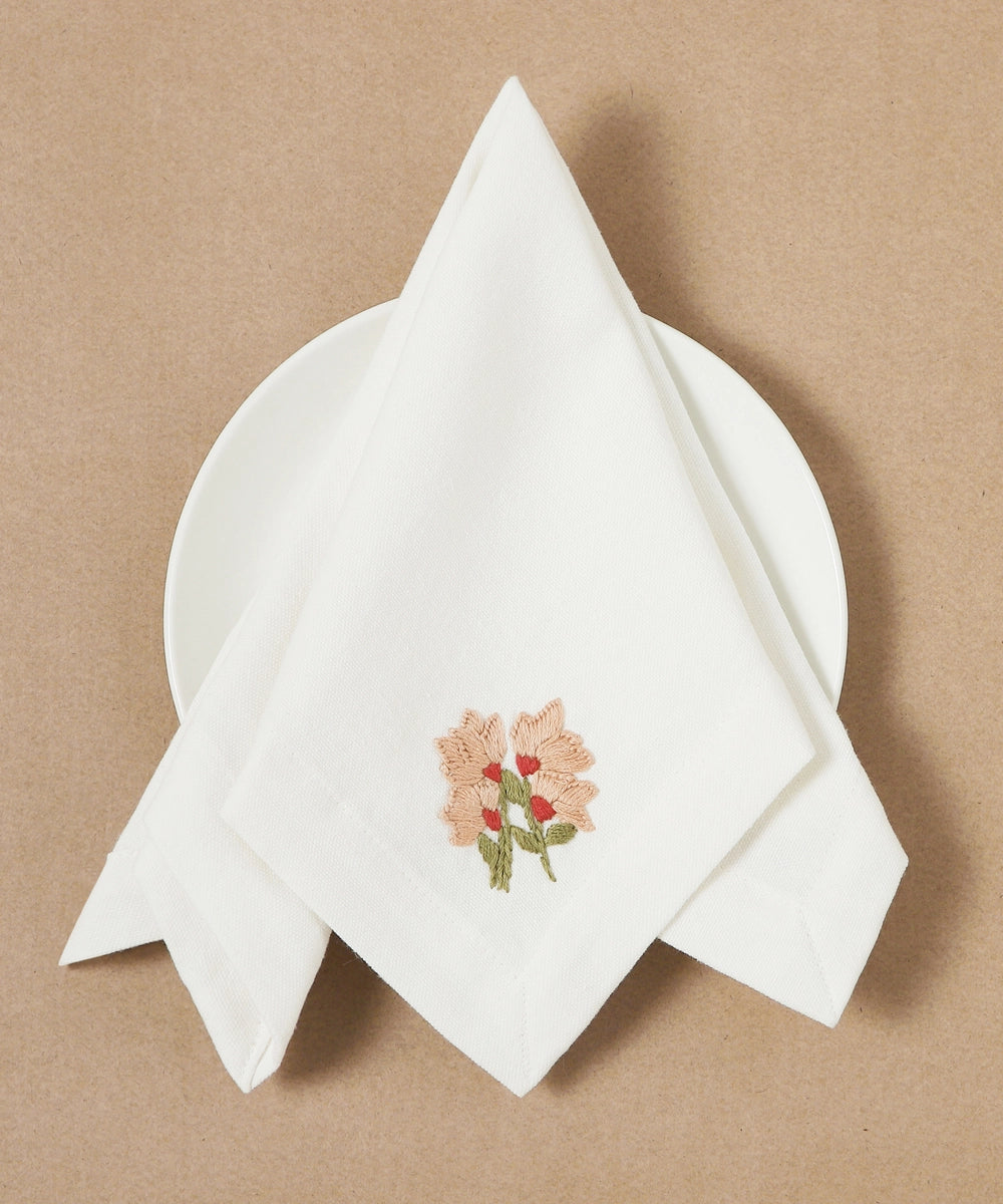 Set of 6 pcs Cream & Beige Floral Hand Embroidered Pure Cotton Table Napkin (16" x 16")