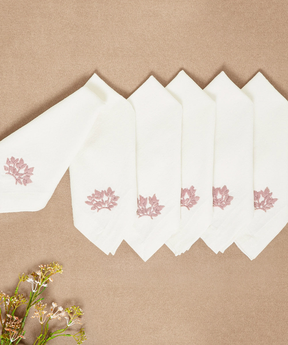 Set of 6 pcs Cream & Pink Floral Hand Embroidered Cotton Table Napkin (16" x 16")