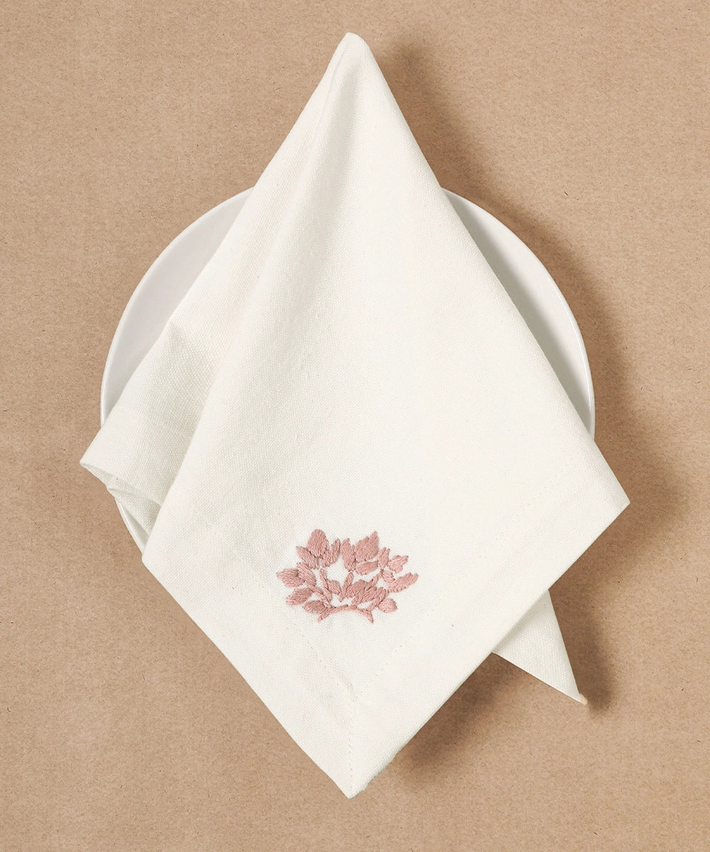 Set of 6 pcs Cream & Pink Floral Hand Embroidered Cotton Table Napkin (16" x 16")