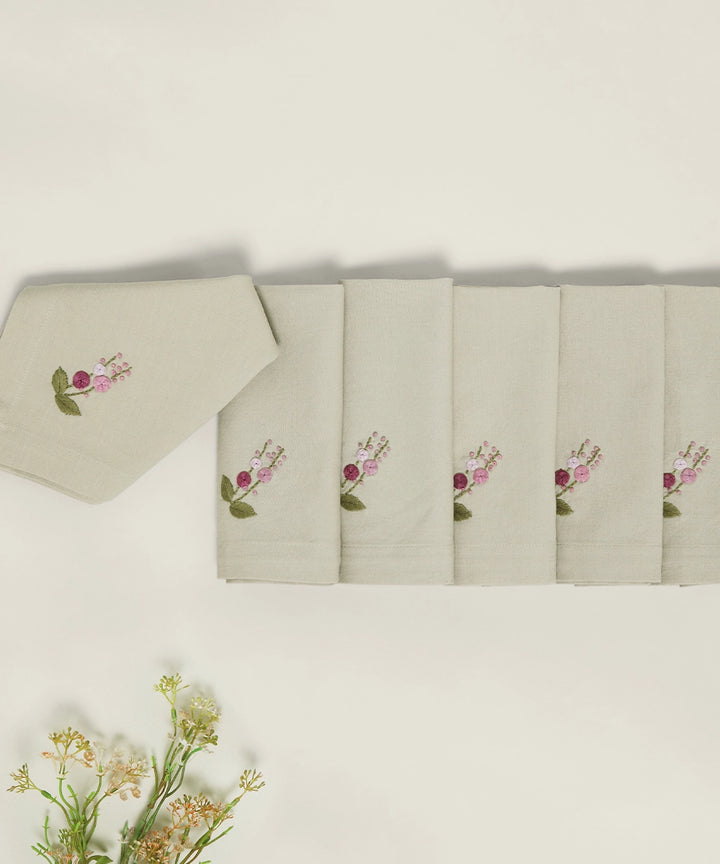 Set of 6 pcs Beige & Purple Floral Hand Embroidered Cotton Table Napkin (16" x 16")