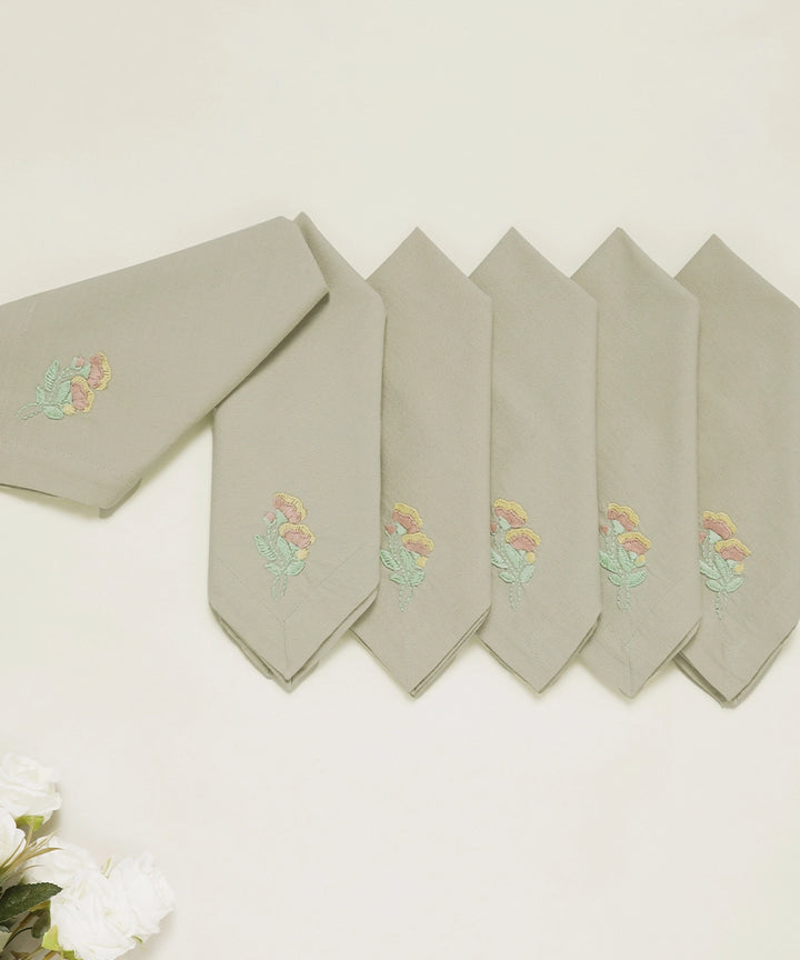 Set of 6 pcs Beige & Pink Floral Hand Embroidered Cotton Table Napkin (16" x 16")