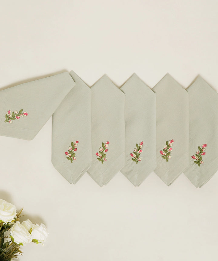 Set of 6 pcs Beige & Pink Floral Hand Embroidered Cotton Table Napkin (16" x 16")