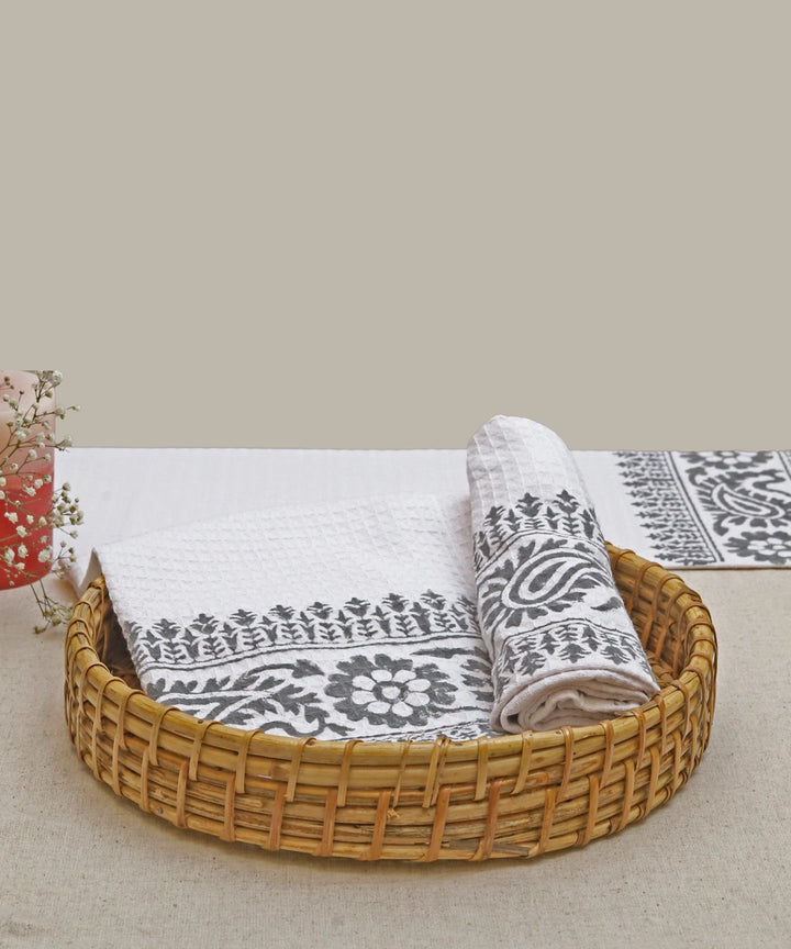 Set of 2 Floral Hand Block Cotton Honeycomb Hand Towel