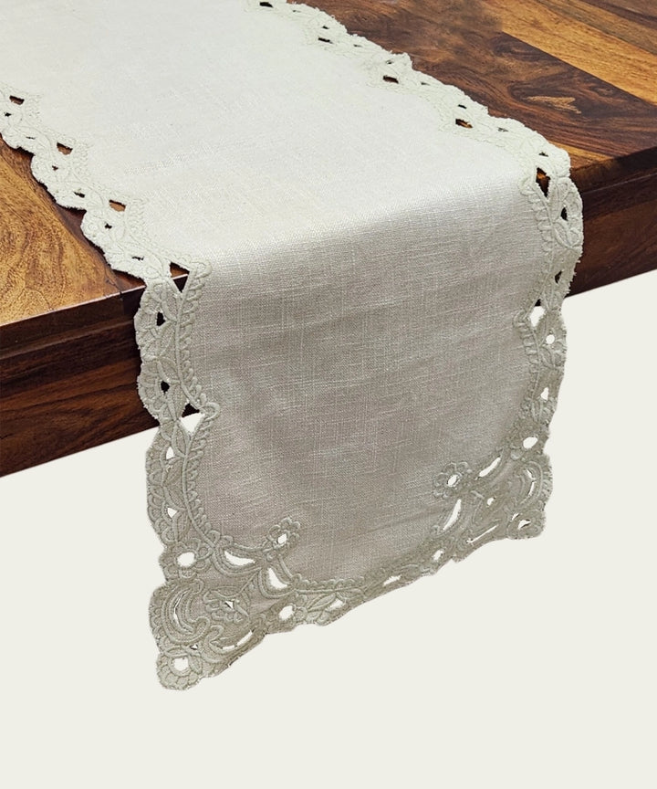 6 seater Beige Cutwork Embroidery Cotton Slub Table Runner (13.75 x 84 Inches)