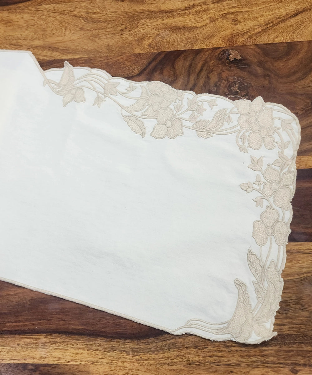 Cream Embroidered With Cutwork Cotton Casement Table Runner (13"x84")