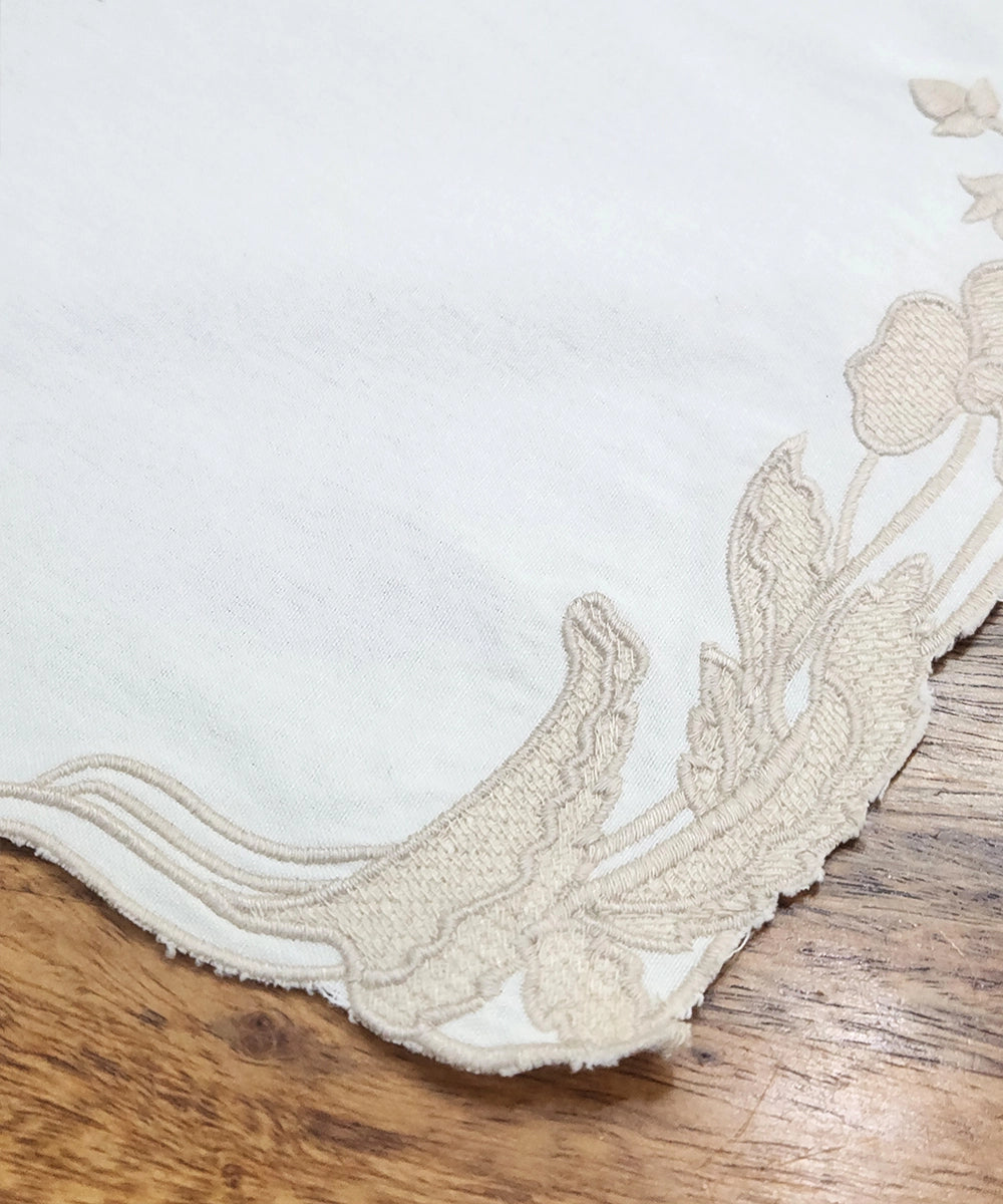 Cream Embroidered With Cutwork Cotton Casement Table Runner (13"x84")