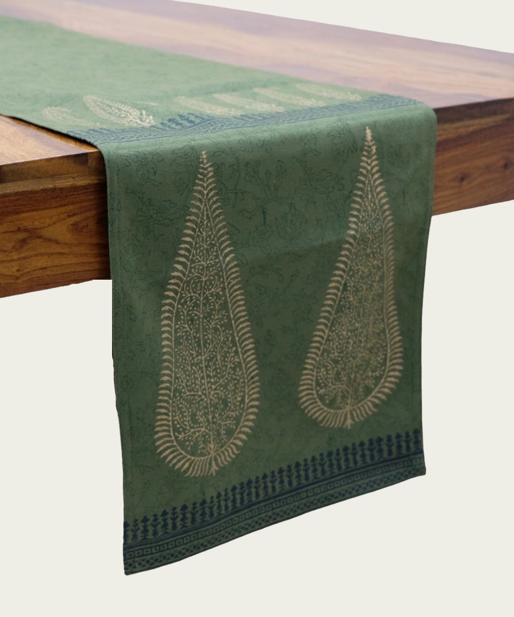 6 Seater Olive Hand Block Printed Cotton Canvas Table Runner (13 x 82 Inches)