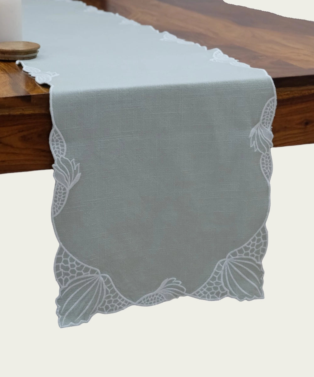 Green (Dusty Jade) cotton slub Cutwork table Runner (12.5"x82")