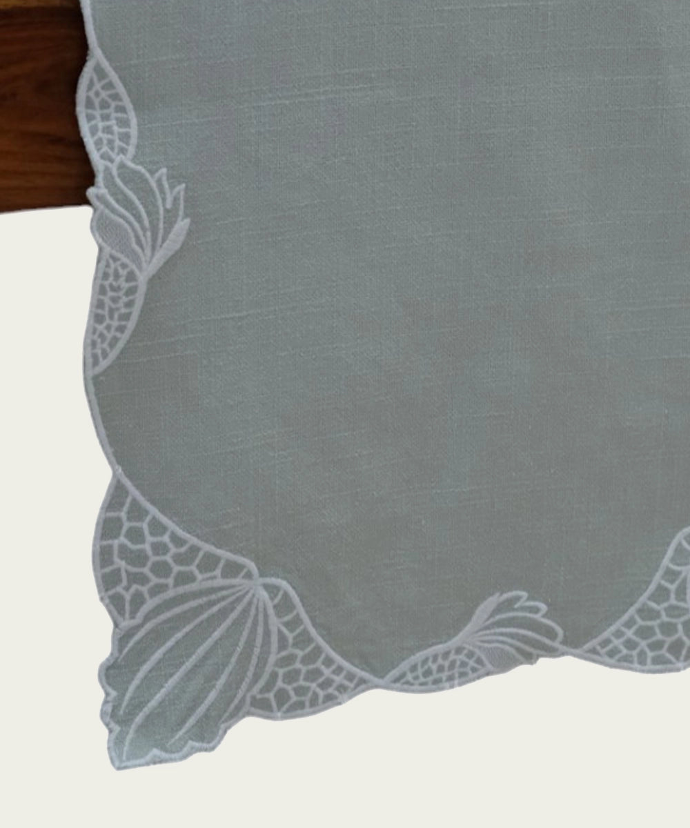 Green (Dusty Jade) cotton slub Cutwork table Runner (12.5"x82")