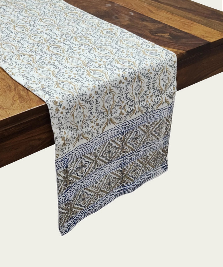 6 Seater Deep Cream Hand Block Printed Linen Table Runner (13 x 84 Inches)