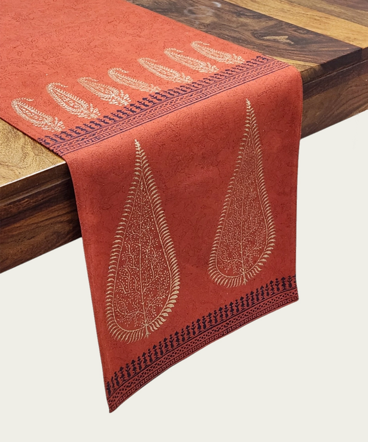 6 Seater Burnt Orange Hand Block Printed Cotton Canvas Table Runner (13 x 84 Inches)